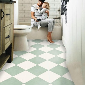 Diamond Checker Mint & Off White Peel and Stick Floor Tile Sticker Removable Anti-Slip Vinyl Decals | DIY Renter-Friendly Customizable