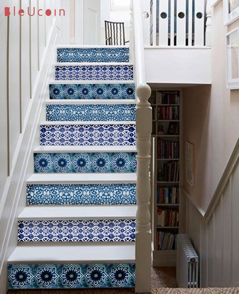 India Blue Pottery StairRiser Peel Stick Vinyl Decal Self Adhesive Waterproof Easy to Trim Removable DIY Home Decor-Extra long 49 length image 1