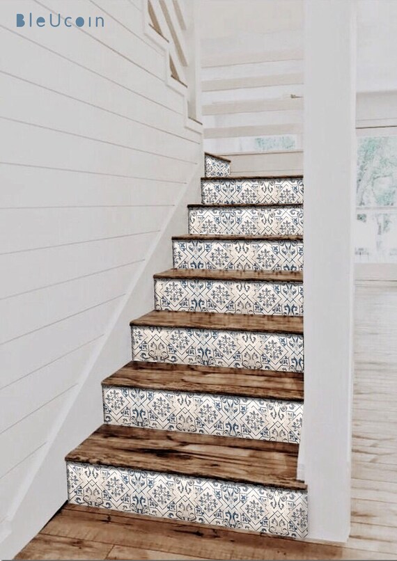 Bleucoin Peel & Stick Stair Riser Decals – Self-Adhesive Vinyl Stair Stickers, Water-Resistant, 5 Strips, Positano Pattern 8x49 Inch