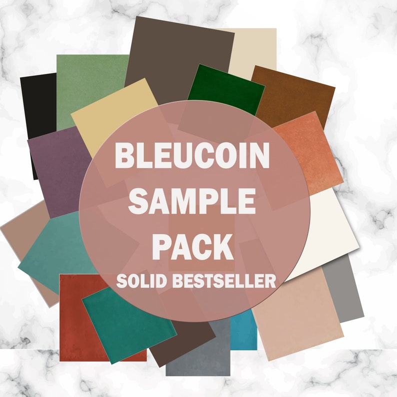 May include: A sample pack of solid color paper featuring a variety of colors, including green, brown, beige, orange, and gray. The pack is labeled "Bleucoin Sample Pack Solid Bestseller".