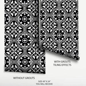 May include: Two panels of black and white patterned wallpaper featuring a repeating quatrefoil and circular design. Text on the image indicates: WITHOUT GROUTS, WITH GROUTS TILING EFFECTS, SIZE 49" X 24" YOU WILL RECEIVE, PACK OF TWO PANELS 49" X 12" = 2 PANELS.