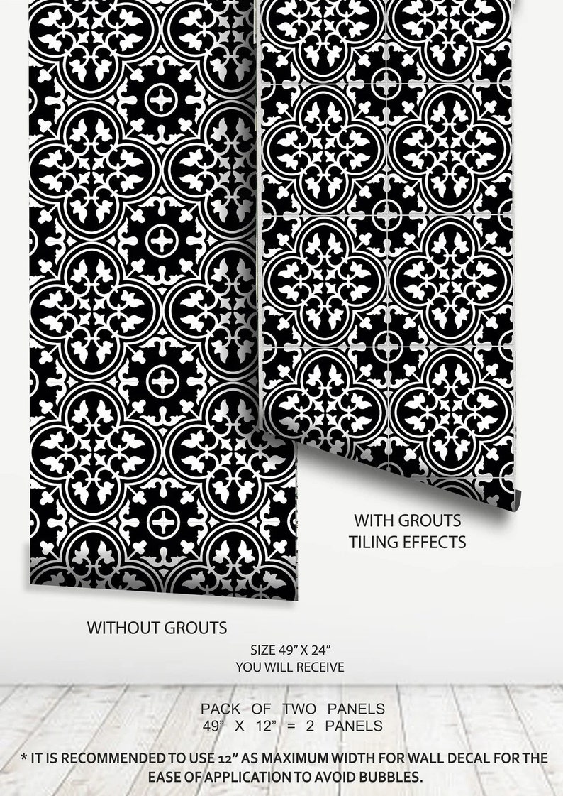 May include: Two panels of black and white patterned wallpaper featuring a repeating quatrefoil and circular design. Text on the image indicates: WITHOUT GROUTS, WITH GROUTS TILING EFFECTS, SIZE 49" X 24" YOU WILL RECEIVE, PACK OF TWO PANELS 49" X 12" = 2 PANELS.