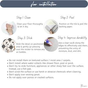 May include: An instructional graphic for floor installation featuring four steps: clean, peel, stick, and improve durability. It includes text guidelines for surface preparation and maintenance, alongside illustrations of a star-patterned tile decal.
