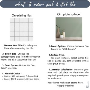 May include: An instructional guide for peel and stick tile featuring two sections: On existing tiles and On plain surface. It includes text instructions for measuring, selecting sizes, grout options, and material choices of 0.3mm thickness.