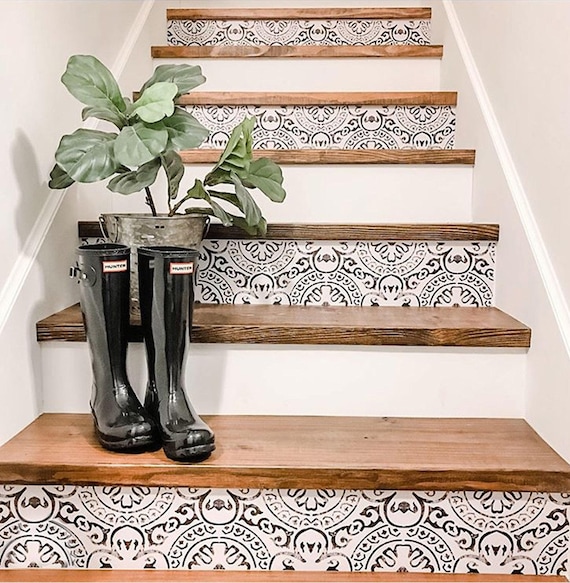 Amalfi Stair Riser Decal, Peel and Stick Vinyl with Edwardian Design, Black and White, Removable Water Resistant, 49"