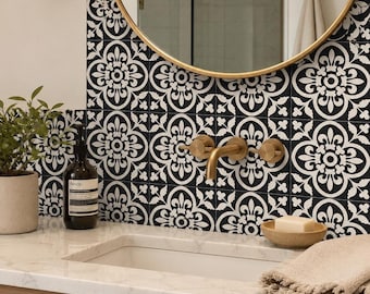 Encaustic Bleucoin Peel n Stick Vinyl Tile stickers for Kitchen Bath Backsplash Floor Wall , Water proof & Removable- Dark Grey/Off White