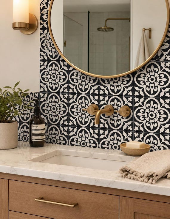 Encaustic Bleucoin Peel n Stick Vinyl Tile stickers for Kitchen Bath Backsplash Floor Wall , Water proof & Removable- Dark Grey/Off White