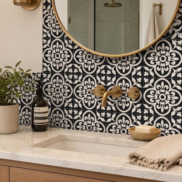 Encaustic Bleucoin Peel n Stick Vinyl Tile stickers for Kitchen Bath Backsplash Floor Wall , Water proof & Removable- Dark Grey/Off White
