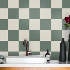 Cottage Green & Oat Checker Solid Tile Wall Stair Floor Self Adhesive Vinyl Sticker, Kitchen Bathroom Backsplash Carrelage Decal