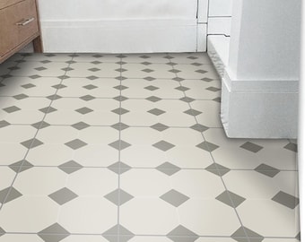May include: A floor with a repeating pattern of light beige octagons and gray diamond shapes. The floor tiles are arranged in a grid pattern, creating a geometric design. The image is taken from a slightly elevated angle.