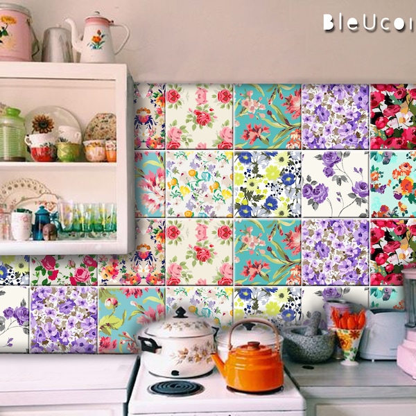 Floral Tile/Wall/ Stair Riser Decal, Kitchen Bathroom Backsplash Tile Stickers, Removable Peel & Stick Home Decor