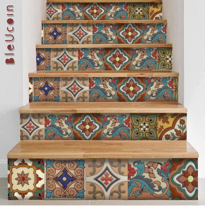 May include: A set of stair risers decorated with colorful square tiles featuring intricate floral, geometric, and scroll patterns in shades of blue, red, green, yellow, and brown. The tiles are arranged in a repeating sequence across the wooden steps.