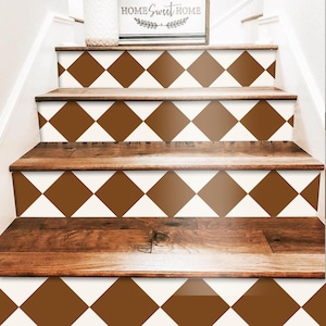 Diamond Pecan & off White Peel and Stick Stair Riser Decal–Extra Long 49&quot; |Water resistant Vinyl Strip | Self-Adhesive, Removable, DIY Stair