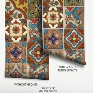 May include: A roll of wall decal featuring a repeating pattern of square tiles in shades of orange, teal, cream, and brown. The text reads: WITH GROUTS TILING EFFECTS, WITHOUT GROUTS, SIZE 49" X 24" YOU WILL RECEIVE, PACK OF TWO PANELS 49" X 12" = 2 PANELS.