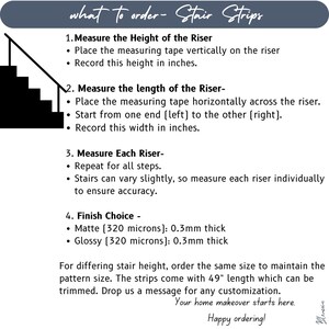 A graphic outlining how to order stair strips, including measuring the height and length of the riser, measuring each riser, and choosing a matte or glossy finish.