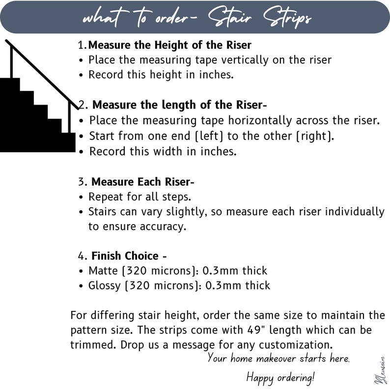 A graphic outlining how to order stair strips, including measuring the height and length of the riser, measuring each riser, and choosing a matte or glossy finish.