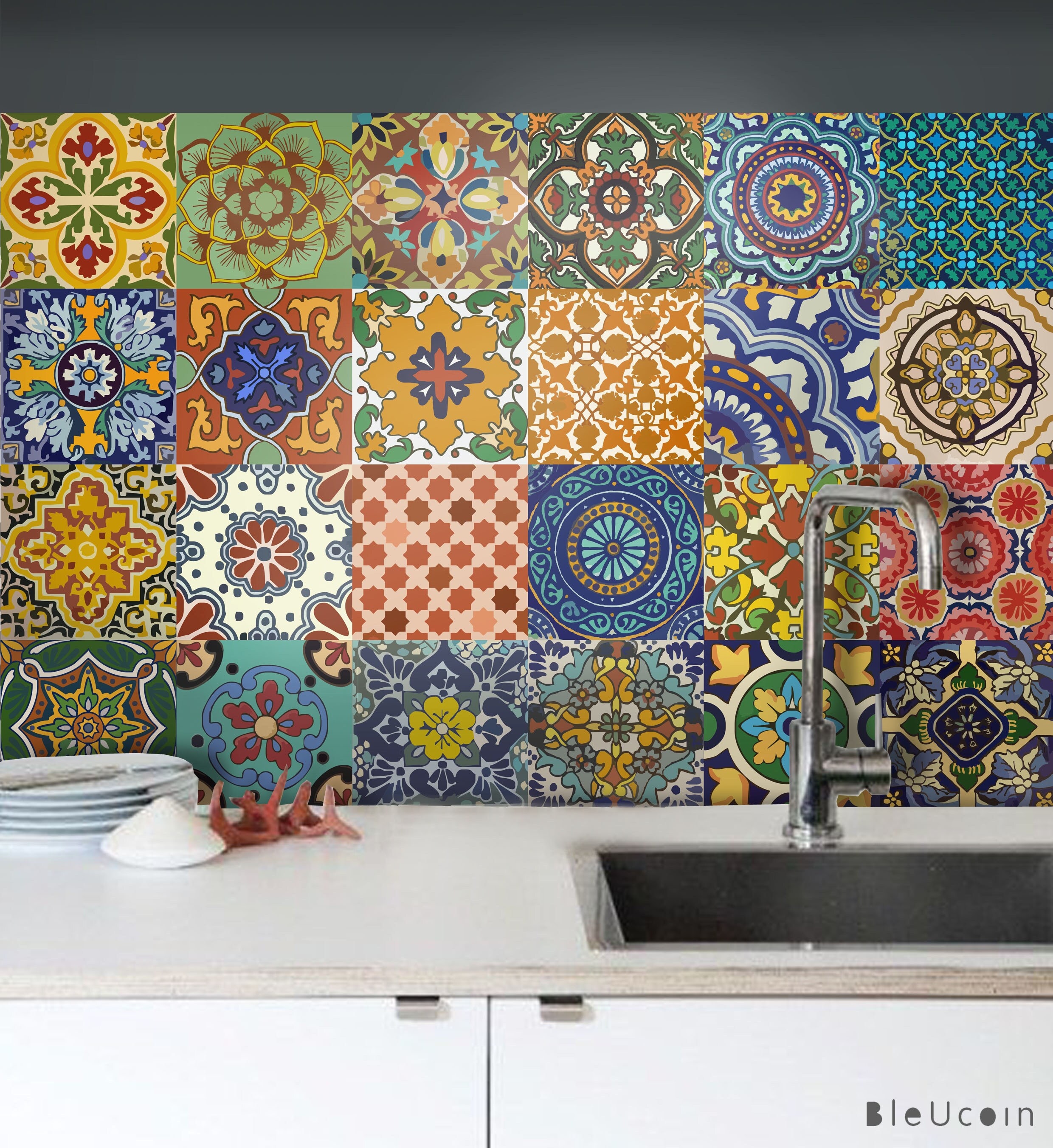 Bleucoin Mexican Talavera Peel n Stick Tile Stickers for Tile Wall Stair Floor Kitchen Bath Backsplash - Removable & Waterproof