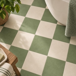 Sage & off White Checker Vinyl Tile Sticker Floor Decals Removable Anti-Slip finish option (520 microns) Perfect for Renter