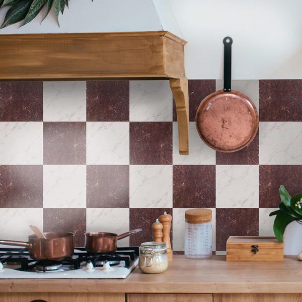 Mocha Wine  Marble Checker Peel and Stick Tile Sticker Kitchen Bathroom Backsplash Floor Stair Removable Decals, DIY Renter