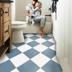 Diamond Checker Ocean & Off White Peel and Stick Floor Tile Sticker I Removable Anti-Slip Vinyl Decals | DIY Renter-Friendly | Customizable