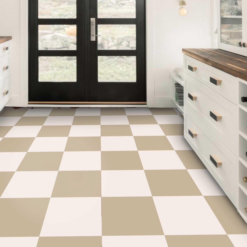 Sand & White Checker Vinyl Floor Tile Stickers Floor Decal Removable ...