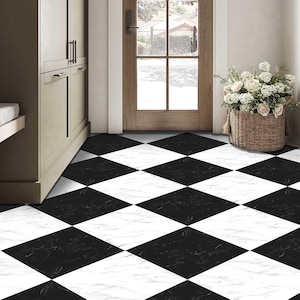 Marble Black & White Checker Vinyl Tile Stickers Floor Decal Removable Repositionable AntiSlip finish option(520 microns)Perfect for Renter