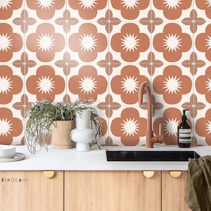 Sakura Terracotta – Retro Floral Peel and Stick Tile Stickers | Mid-Century Modern Wall, Stair & Backsplash Décor