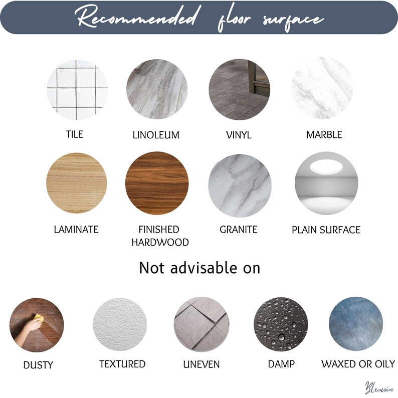 May include: An informational chart titled Recommended floor surface showing circular icons for tile, linoleum, vinyl, marble, laminate, hardwood, granite, and plain surfaces, followed by a Not advisable on section for dusty, textured, uneven, damp, or oily floors.