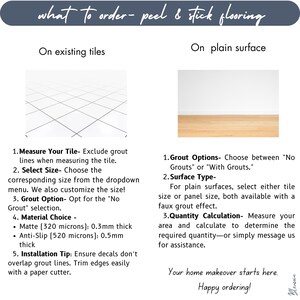 May include: An instructional graphic for peel and stick flooring titled what to order- peel & stick flooring. It provides steps for installation on existing tiles and plain surfaces, detailing material options like 0.3mm matte and 0.5mm anti-slip.