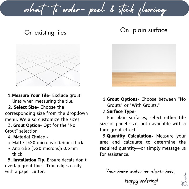 May include: An instructional graphic for peel and stick flooring titled what to order- peel & stick flooring. It provides steps for installation on existing tiles and plain surfaces, detailing material options like 0.3mm matte and 0.5mm anti-slip.