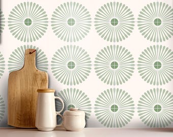 Kawasaki Sage – Sage Green and Cream Fan Peel and Stick Tile Decals | Vintage Botanical Mediterranean Décor