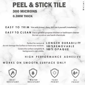 May include: Peel and stick tile with a white marble background. The tile is 300 microns thick and 0.3mm thick. It is easy to trim and clean. The tile is heat, water, fade, and oil resistant. It is 100% removable and opaque. The tile is perfect for renters and covers the surface completely. It works on smooth surfaces only.