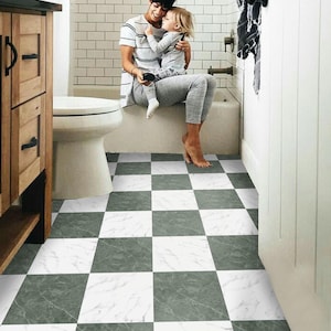 Marble Jade & White Checker Peel and Stick Floor Tiles Anti-Slip Vinyl Decals and Remove Water Resistant DIY Renter-Friendly Flooring