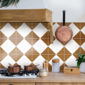 Diamond Checker Wood Tan & White Peel and Stick Tile Decal Kitchen Bathroom Backsplash Floor Stair Water Resistant Removable DIY Vinyl Décor