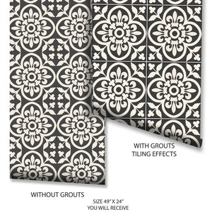 Two rolls of black and white patterned tile stickers, one labeled "WITHOUT GROUTS" and the other "WITH GROUTS TILINGS EFFECTS", with text describing size and application.