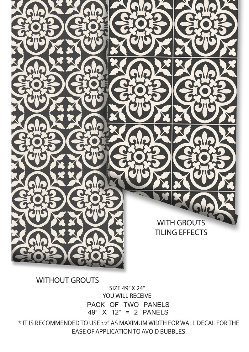 Two rolls of black and white patterned tile stickers, one labeled "WITHOUT GROUTS" and the other "WITH GROUTS TILINGS EFFECTS", with text describing size and application.