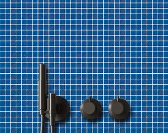 May include: A matte black shower fixture set featuring a handheld sprayer with a flexible hose and two circular control knobs mounted on a wall covered in small, square, vibrant blue tiles. The text "Bleucoin" is visible in the top right corner.