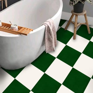 Diamond Moss Green & off White Checker Peel and Stick Floor Tile Sticker I Removable Anti-Slip Vinyl Decals | DIY Renter-Friendly