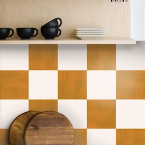 Sunrise and Off White Checker Peel & Stick Tile Sticker Kitchen Bathroom Backsplash Floor Stair Water Resistant Removable Decals, DIY Renter