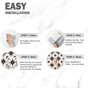 May include: Four steps for easy installation of a tile sticker. The steps are: Clean, Peel, Stick, and Done. The image shows a hand cleaning a surface, peeling a sticker, sticking a sticker, and a finished tile.