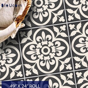 Encaustic Bleucoin Peel n Stick Vinyl Tile stickers for Kitchen Bath Backsplash Floor Wall , Water proof & Removable Dark Grey/Off White image 8