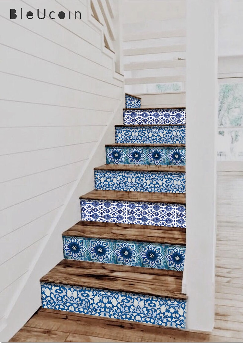 India Blue Pottery StairRiser Peel Stick Vinyl Decal Self Adhesive Waterproof Easy to Trim Removable DIY Home Decor-Extra long 49 length image 2