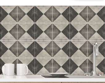 May include: A wall covered in square tiles featuring a repeating geometric pattern of dark gray and light gray triangles. The design creates a diamond effect across the surface. The text "BleUcoin" is visible in the top left corner of the image.