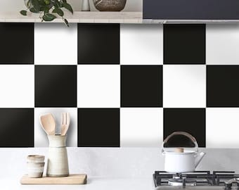 Black & White Checker Solid Tile Wall Stair Floor Self Adhesive Vinyl Sticker,Kitchen Bathroom Backsplash Carrelage Decal, Peel and Stick