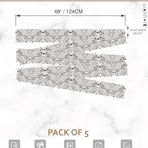 Five rectangular strips of peel and stick stair riser decals with a black and white circular pattern, showing dimensions of 49" / 124CM.