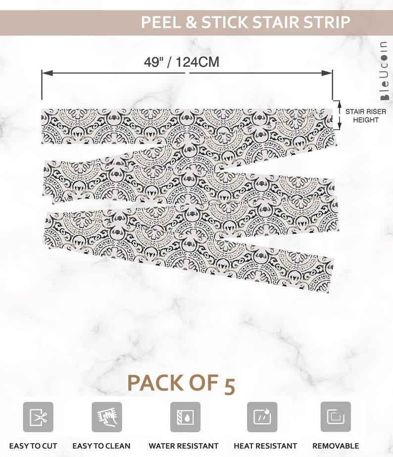 Five rectangular strips of peel and stick stair riser decals with a black and white circular pattern, showing dimensions of 49" / 124CM.