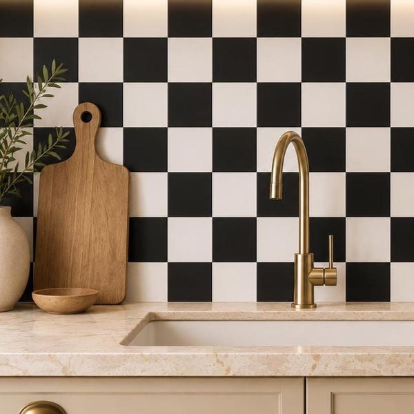 Black & White Checker Tile Decal for Kitchen and Bathroom, Self Adhesive Vinyl Sticker