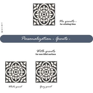 A graphic showing a single black and white patterned tile sticker, with text "No grouts - for existing tiles" and "With grouts for non tiled surface", and two smaller tile stickers labeled "White grout" and "Grey grout".