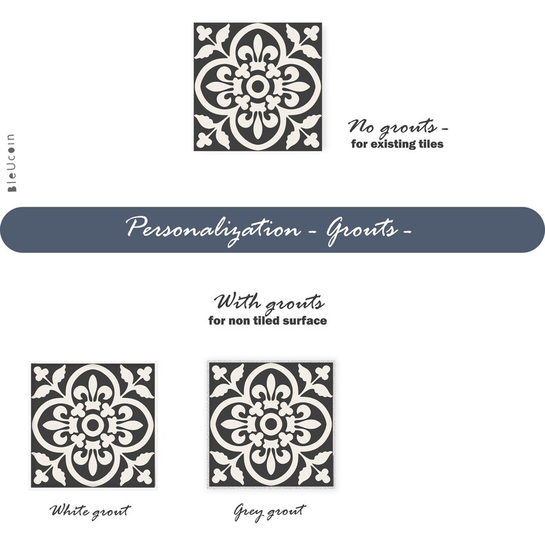 A graphic showing a single black and white patterned tile sticker, with text "No grouts - for existing tiles" and "With grouts for non tiled surface", and two smaller tile stickers labeled "White grout" and "Grey grout".
