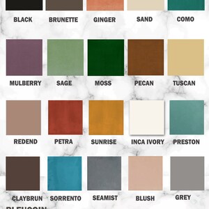 May include: A color chart with 20 different paint colors, including black, brown, red, green, blue, and beige. The colors are arranged in a grid of four rows and five columns. The names of the colors are listed below each color swatch.